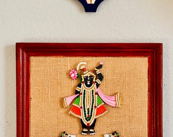 Minimalist Home decor - wall hanging of Srinathji in wood/ jute frame
