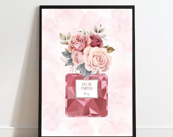 ワインレッドの香水瓶にシルバーのアクセントが入った花柄プリント（デジタルダウンロード）