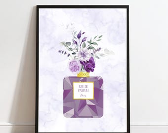 ゴールドのアクセントが入った紫の香水瓶の花柄プリント（デジタルダウンロード）
