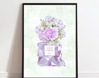 シルバーのアクセントが入った紫の香水瓶の花柄プリント（デジタルダウンロード）
