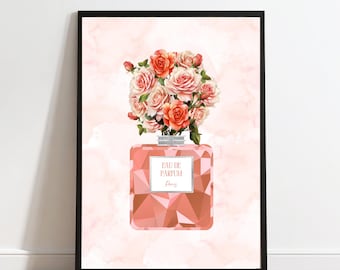 シルバーのアクセントが入ったコーラルの香水瓶の花柄プリント（デジタルダウンロード）