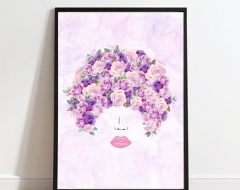 抽象的な顔と花柄のアフロ - ピンクコレクション（デジタルダウンロード）