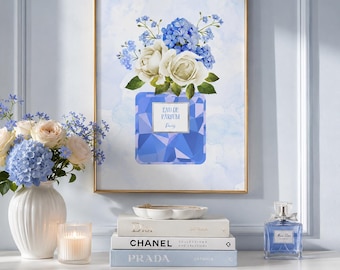 Blue Perfume Bottle Wall Art | Floral Glam Print | Vanity & Beauty Room Decor | Coquette Printable Wall Art | Feminine Digital Download