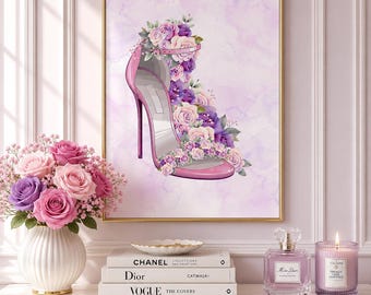 High Heel Wall Art Print | Pink Fashion Wall Art | Floral Printable Wall Art | Girly Bedroom Decor | Instant Download