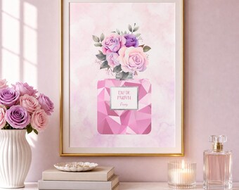 Decoración de pared con forma de frasco de perfume rosa / Estampado floral glamuroso / Decoración para tocador y sala de belleza / Arte de pared imprimible coqueto / Descarga digital femenina