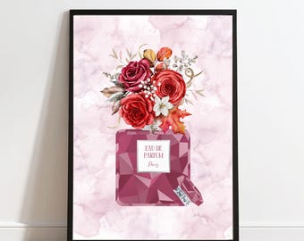 シルバーのアクセントが入った赤い香水瓶の花柄プリント（デジタルダウンロード）