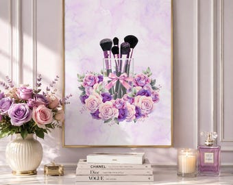 Pink Makeup Brushes Wall Art | Glam Floral Vanity Decor | Coquette Beauty Room Decor | Printable Wall Art Digital Download