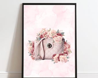 ワインレッドのハンドバッグのウォールアート｜花柄のファッションプリントウォールアート｜シックでガーリーな寝室の装飾｜即時ダウンロード可能なデジタルプリント