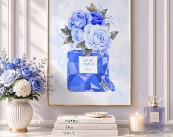 Blue Perfume Bottle Wall Art | Floral Glam Print | Vanity & Beauty Room Decor | Coquette Printable Wall Art | Feminine Digital Download