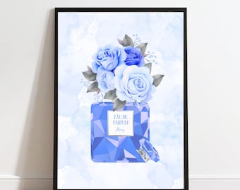 シルバーのアクセントが入ったブルーの香水瓶の花柄プリント（デジタルダウンロード）
