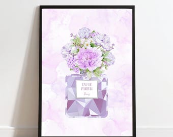 シルバーのアクセントが入った紫の香水瓶の花柄プリント（デジタルダウンロード）