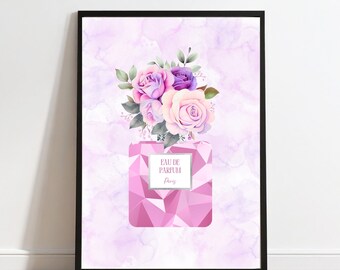 シルバーのアクセントが効いたピンクの香水瓶の花柄プリント（デジタルダウンロード）