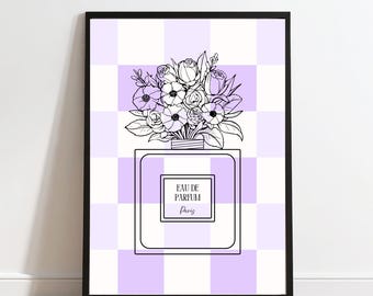 紫のチェック柄香水瓶の花柄プリント（デジタルダウンロード）