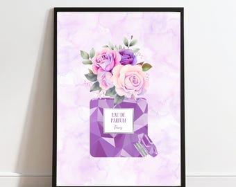 シルバーのアクセントが入った紫の香水瓶の花柄プリント（デジタルダウンロード）