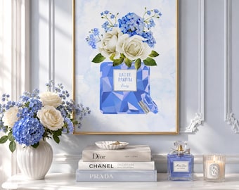 Blue Perfume Bottle Wall Art | Floral Glam Print | Vanity & Beauty Room Decor | Coquette Printable Wall Art | Feminine Digital Download