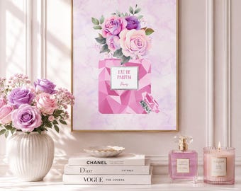 Decoración de pared con forma de frasco de perfume rosa / Estampado floral glamuroso / Decoración para tocador y sala de belleza / Arte de pared imprimible coqueto / Descarga digital femenina