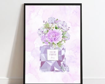 シルバーのアクセントが入った紫の香水瓶の花柄プリント（デジタルダウンロード）