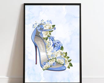 ハイヒールと花柄のウォールアート｜ブルーのファッションプリント｜シックでガーリーな寝室の装飾｜スタイリッシュなオフィスのウォールアート｜即時ダウンロード