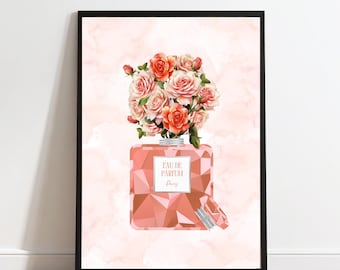 シルバーのアクセントが入ったコーラルの香水瓶の花柄プリント（デジタルダウンロード）