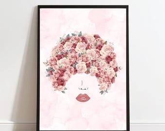 抽象的な顔と花柄のアフロヘアのウォールアート | 赤とピンクのプリント可能なウォールアート | シックなファッションデコレーション | 即時ダウンロード可能なデジタルプリント