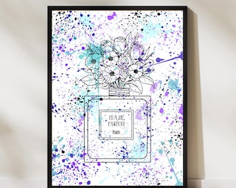 紫、青、緑のペイントスプラッター香水瓶の花柄プリント（デジタルダウンロード）