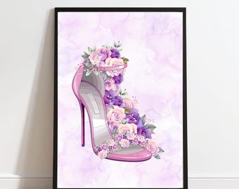 ハイヒールのウォールアートプリント｜ピンクのファッションウォールアート｜花柄のプリントウォールアート｜ガーリーな寝室の装飾｜即時ダウンロード