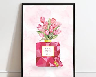 ゴールドのアクセントが効いた赤い香水瓶の花柄プリント（デジタルダウンロード）