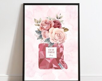 ワインレッドの香水瓶にシルバーのアクセントが入った花柄プリント（デジタルダウンロード）