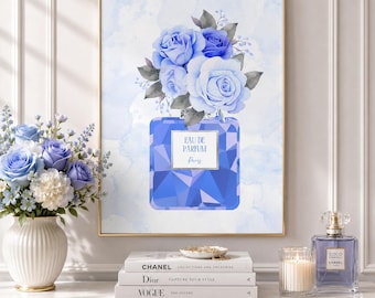 Blue Perfume Bottle Wall Art | Floral Glam Print | Vanity & Beauty Room Decor | Coquette Printable Wall Art | Feminine Digital Download