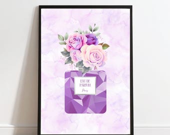 シルバーのアクセントが入った紫の香水瓶の花柄プリント（デジタルダウンロード）