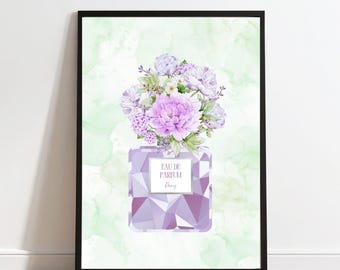 紫色の香水瓶のウォールアート｜花柄のファッションプリント｜シックでフェミニンなインテリア｜すぐにダウンロードできるプリントウォールアート