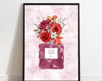 シルバーのアクセントが入った赤い香水瓶の花柄プリント（デジタルダウンロード）