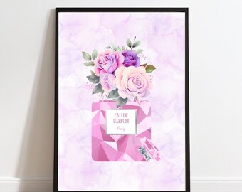 シルバーのアクセントが効いたピンクの香水瓶の花柄プリント（デジタルダウンロード）