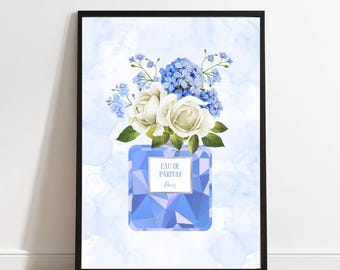 シルバーのアクセントが入ったブルーの香水瓶の花柄プリント（デジタルダウンロード）
