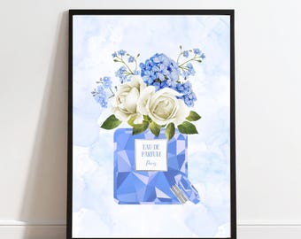 シルバーのアクセントが入ったブルーの香水瓶の花柄プリント（デジタルダウンロード）