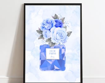 シルバーのアクセントが入ったブルーの香水瓶の花柄プリント（デジタルダウンロード）