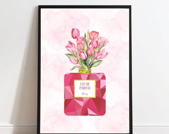 ゴールドのアクセントが効いた赤い香水瓶の花柄プリント（デジタルダウンロード）