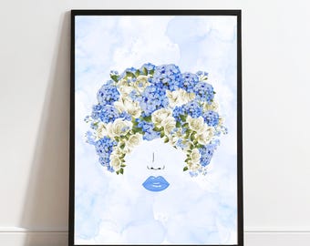 抽象的な顔と花柄のアフロ - ライトブルーコレクション（デジタルダウンロード）