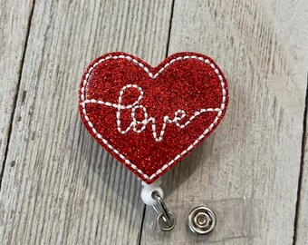 Glitter Heart Felt Badge Reel: ID Holder, Retractable Clip