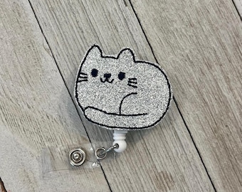 Glitter Gray Cat Badge Holder: Retractable ID Reel