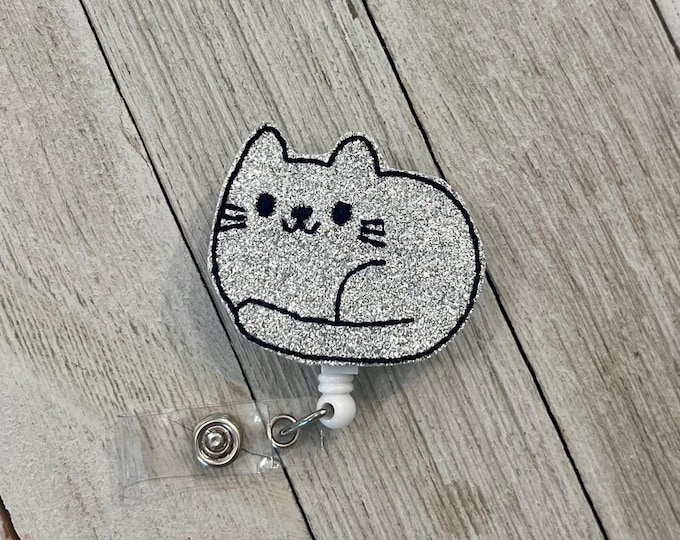 Glitter cat badge holder, gray cat badge, kitty badge holder, ID holder, retractable reel, badge pull
