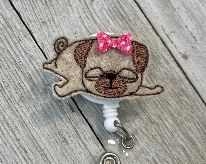 Sleeping pup badge reel, sleeping pig ID holder, sleeping pig feltie, pig puppy feltie