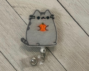 Cat with Pumpkin Felt Badge Holder: Retractable ID Reel