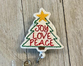 Glitter Christmas Tree Badge Reel: Joy Peace Feltie ID Holder