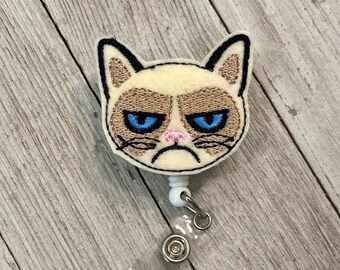 Grumpy cat badge reel, cat ID holder, bad mood cat feltie, badge pull