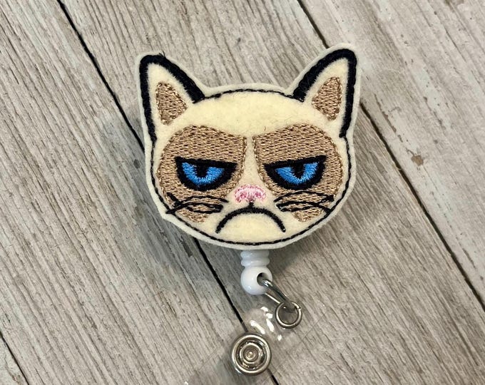 Grumpy cat badge reel, cat ID holder, bad mood cat feltie, badge pull