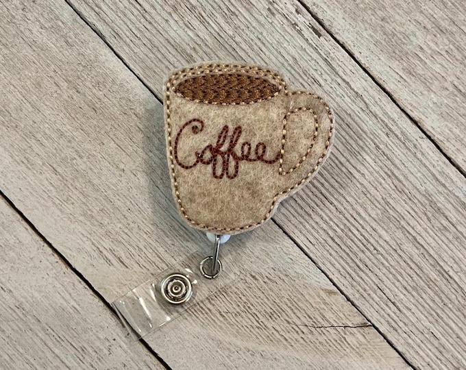 Coffee cup badge holder, coffee cup feltie, coffee mug ID, badge pull