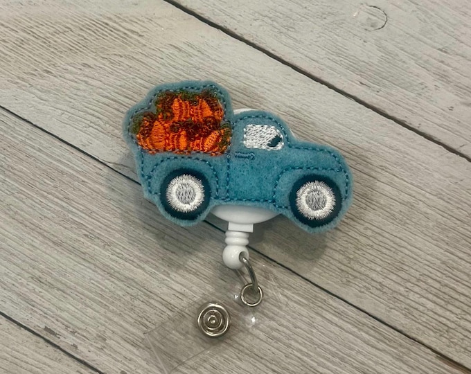 Pumpkin truck badge holder, pumpkin truck feltie, pumpkin ID, retractable reel, badge pull