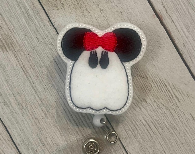 Mouse ghost badge holder, mouse ghost ID, ghost feltie, retractable reel, badge pull