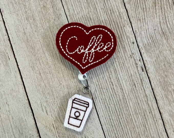 Burgundy coffee heart badge holder, coffee heart badge, heart coffee feltie, badge pull